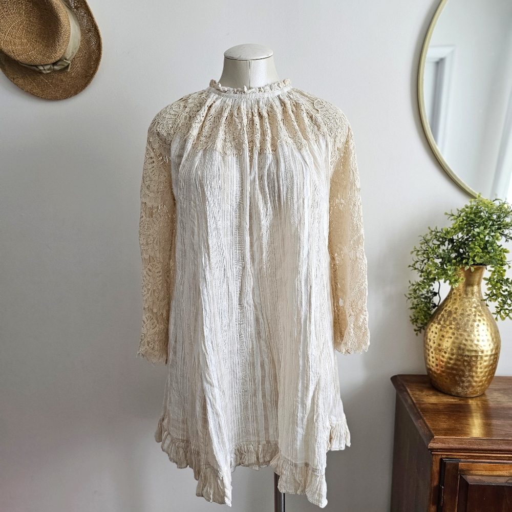 Anthropologie TRYB Rory Lace Babydoll Cotton Cream Bohemian Bell Sleeves Dress S